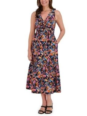 French Connection Black Maxi Dress with Pink, Blue and Orange Floral Print